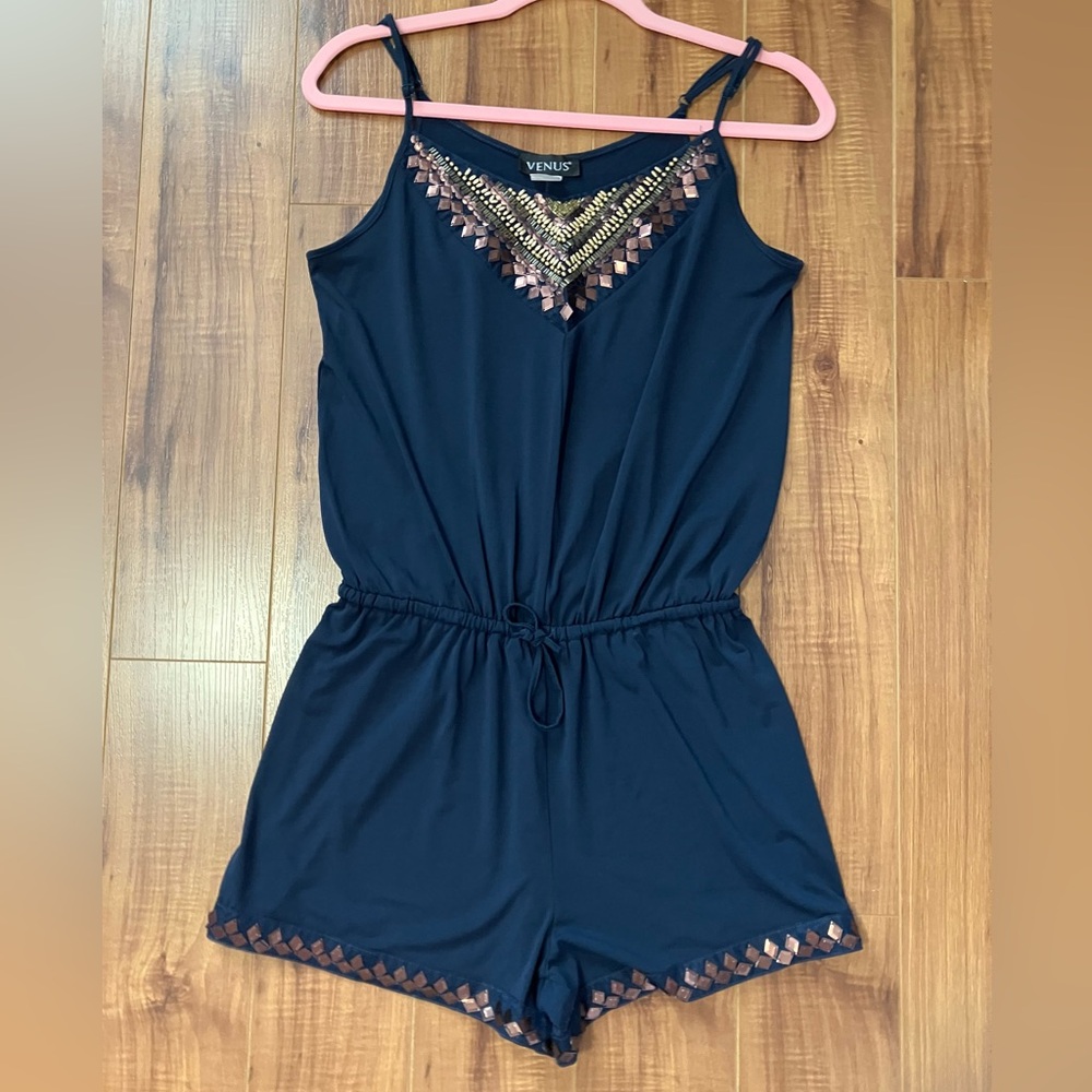 *💙2/25$* Venus| Navy Blue Romper with Bead Detail